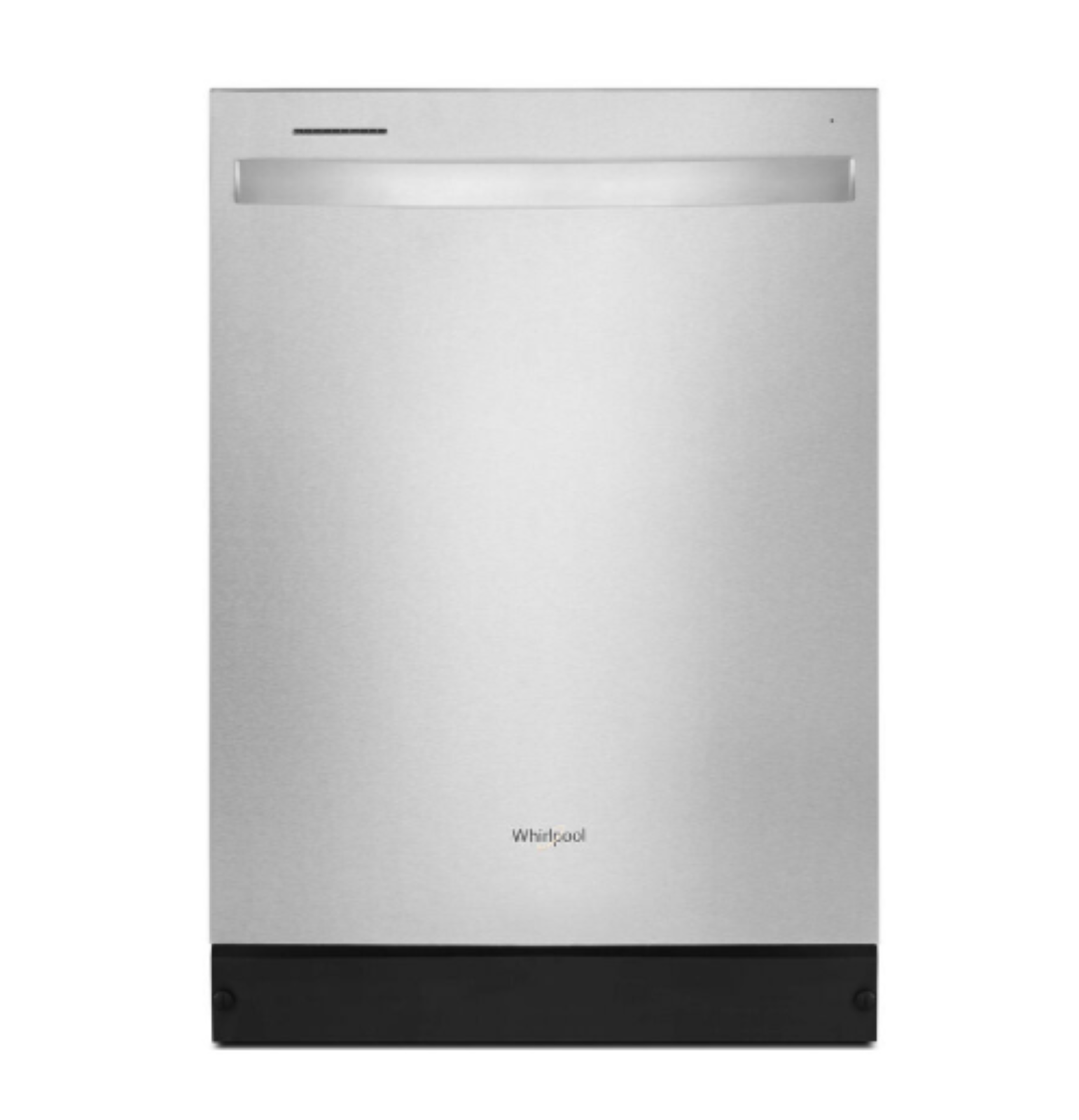 Stainless steel dishwasher with black base panel and horizontal handle on top