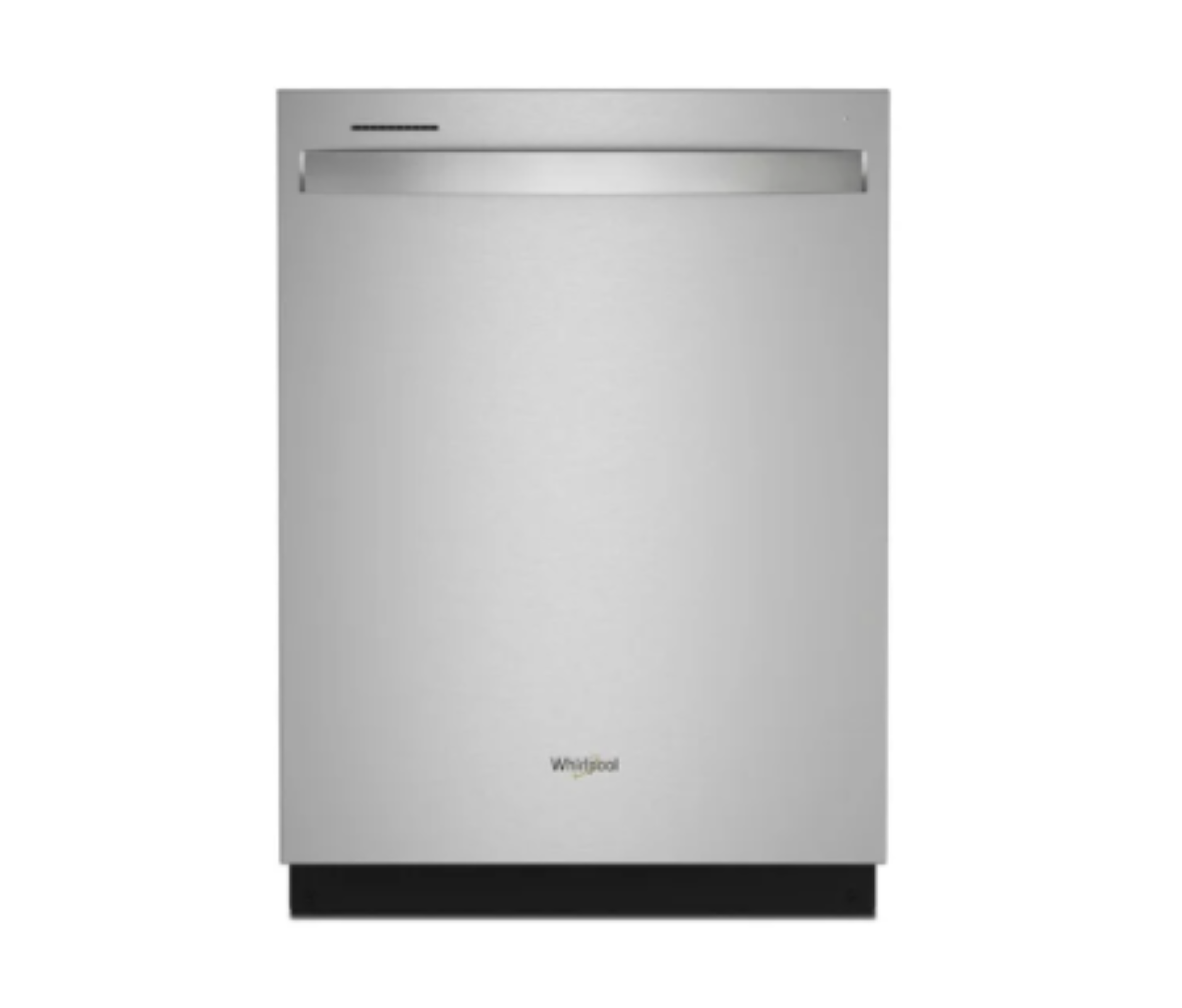 Stainless steel Whirlpool dishwasher with a black base and top handle, front view.
