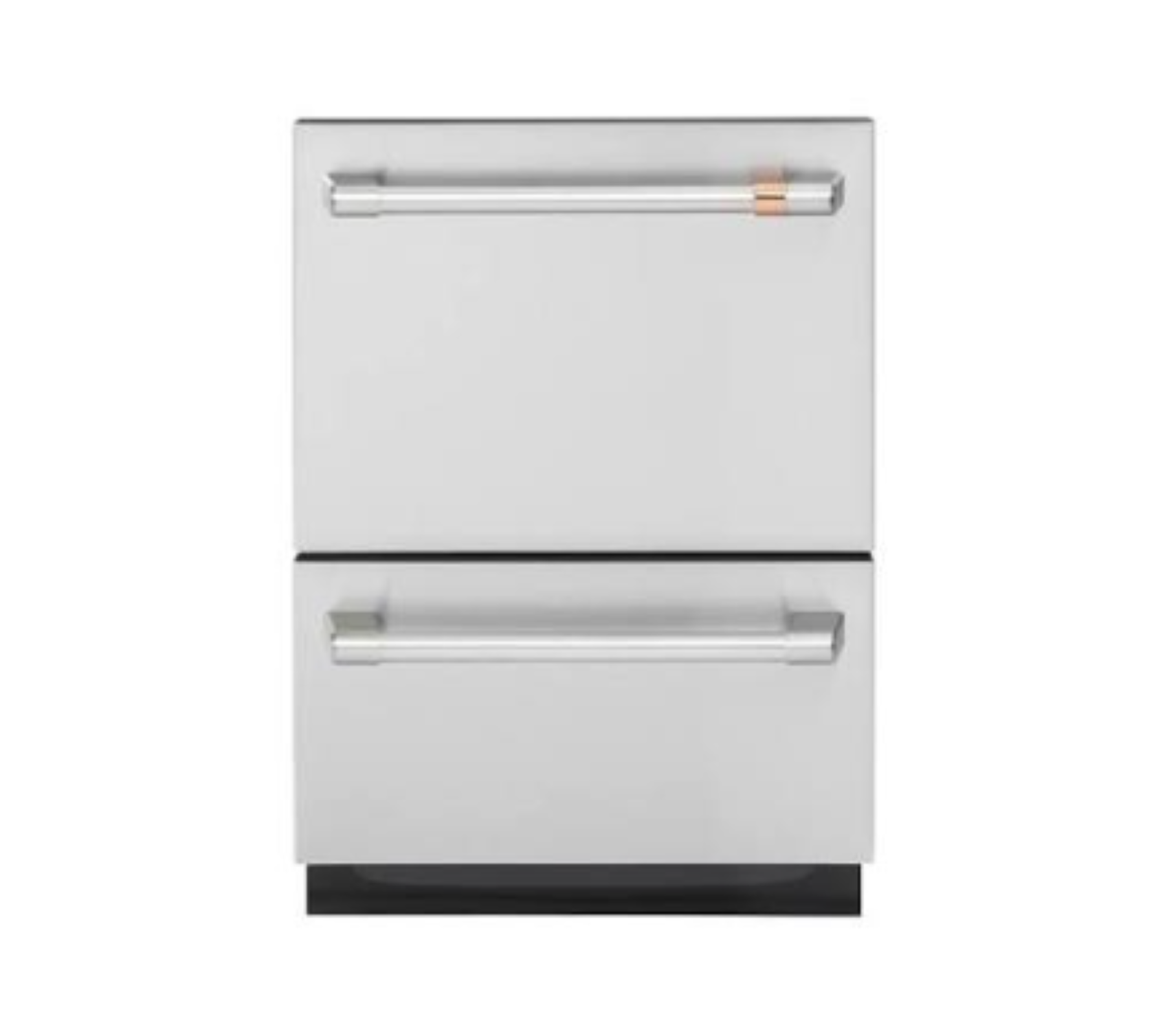 White two-drawer dishwasher with silver handles on a plain background