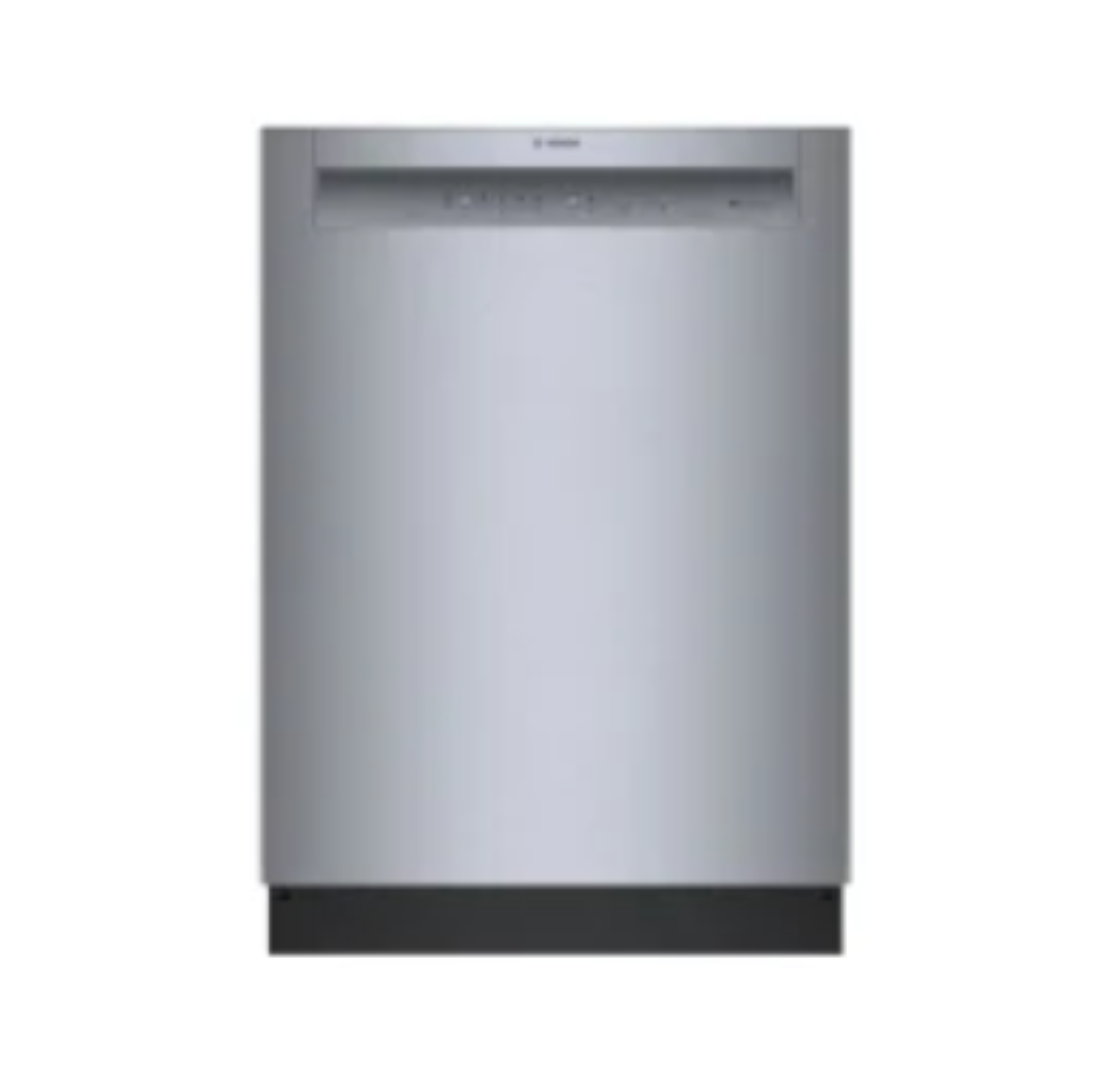 Stainless steel dishwasher with black base panel, front view