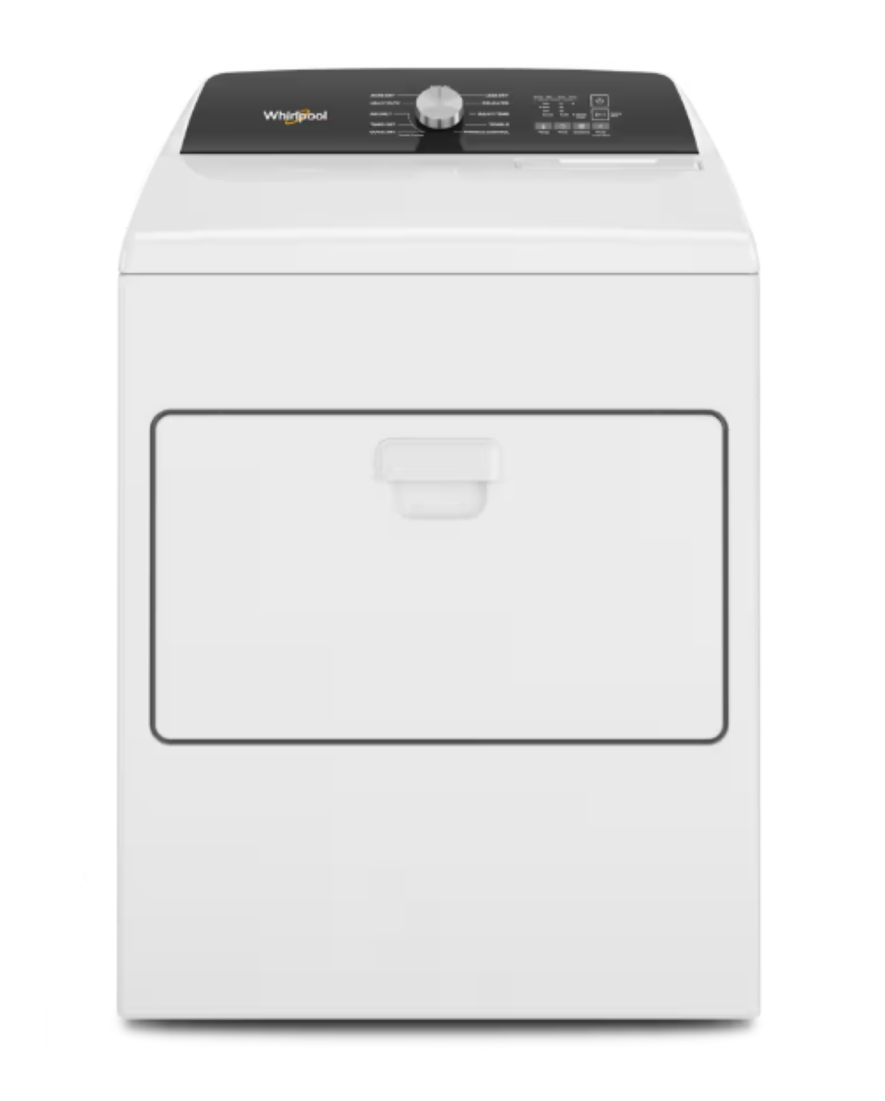 White top-load dryer with a dark control panel and front door handle.