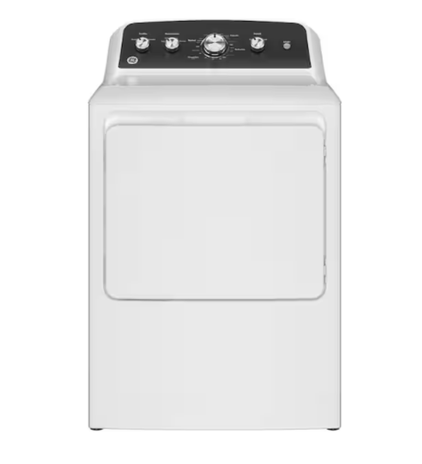 White top-load clothes dryer with a black control panel and silver knobs on a plain background
