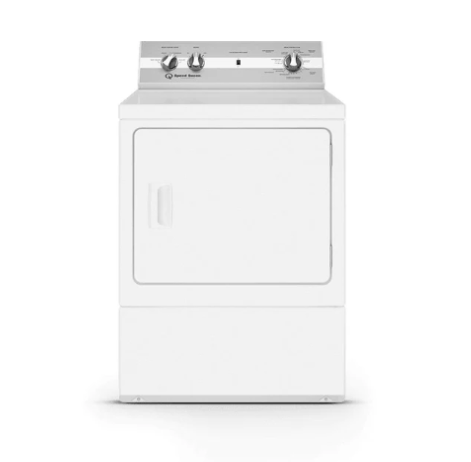 White front-load clothes dryer with top control panel on a plain background