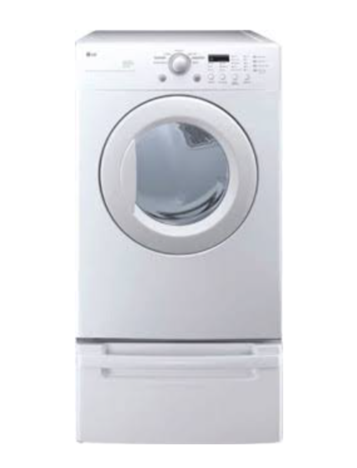 White front-loading washer-dryer with a round door and control panel at the top.