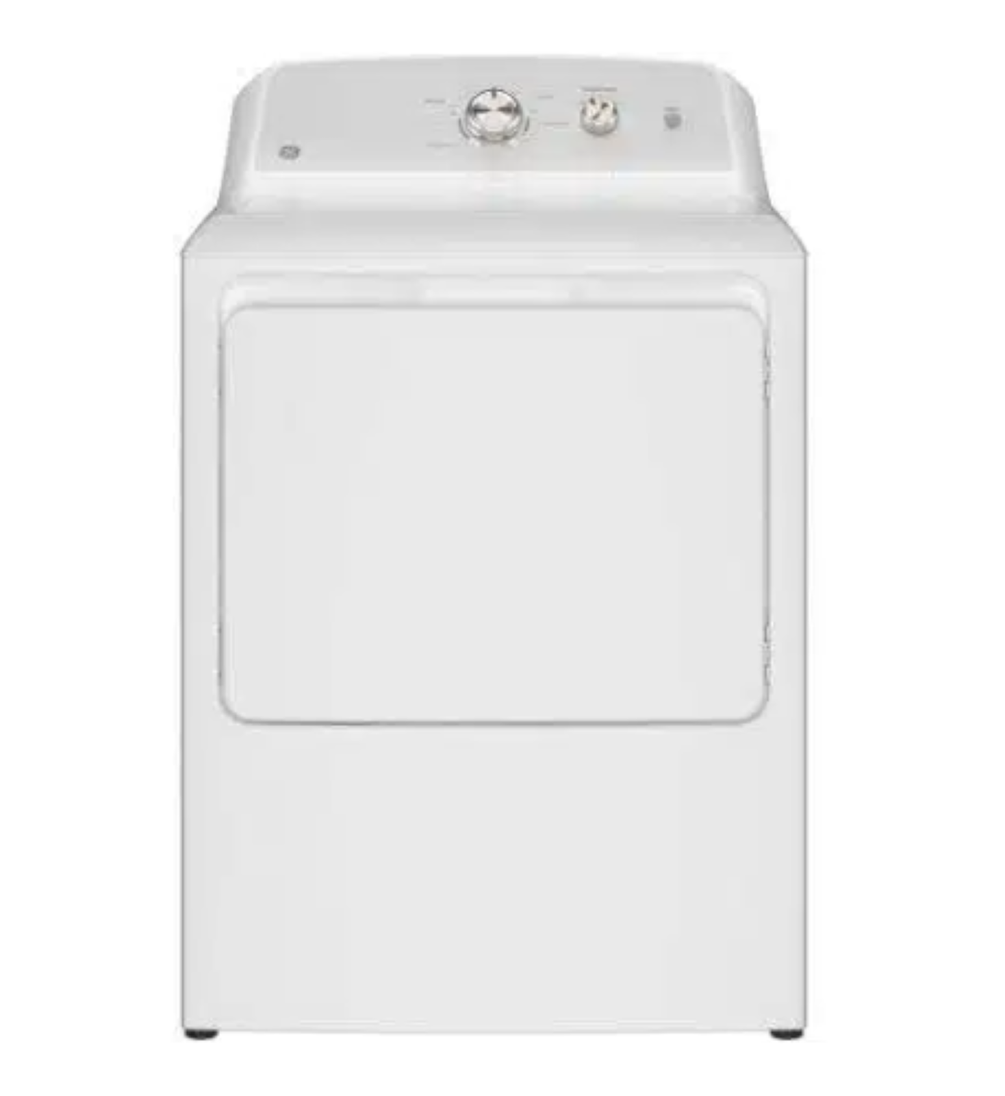 White front-loading dryer with top control panel and round dial on a plain background