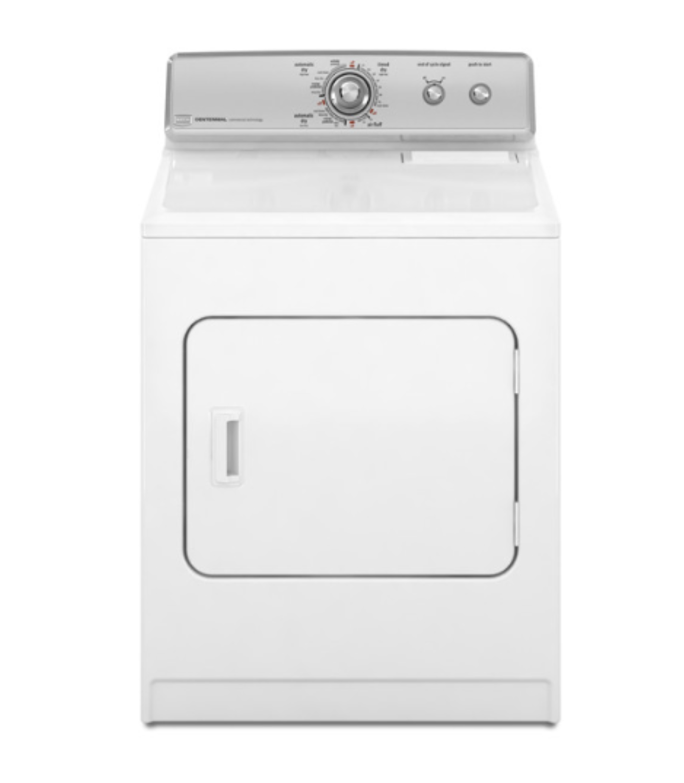 White front-loading clothes dryer with a silver control panel and round dial.