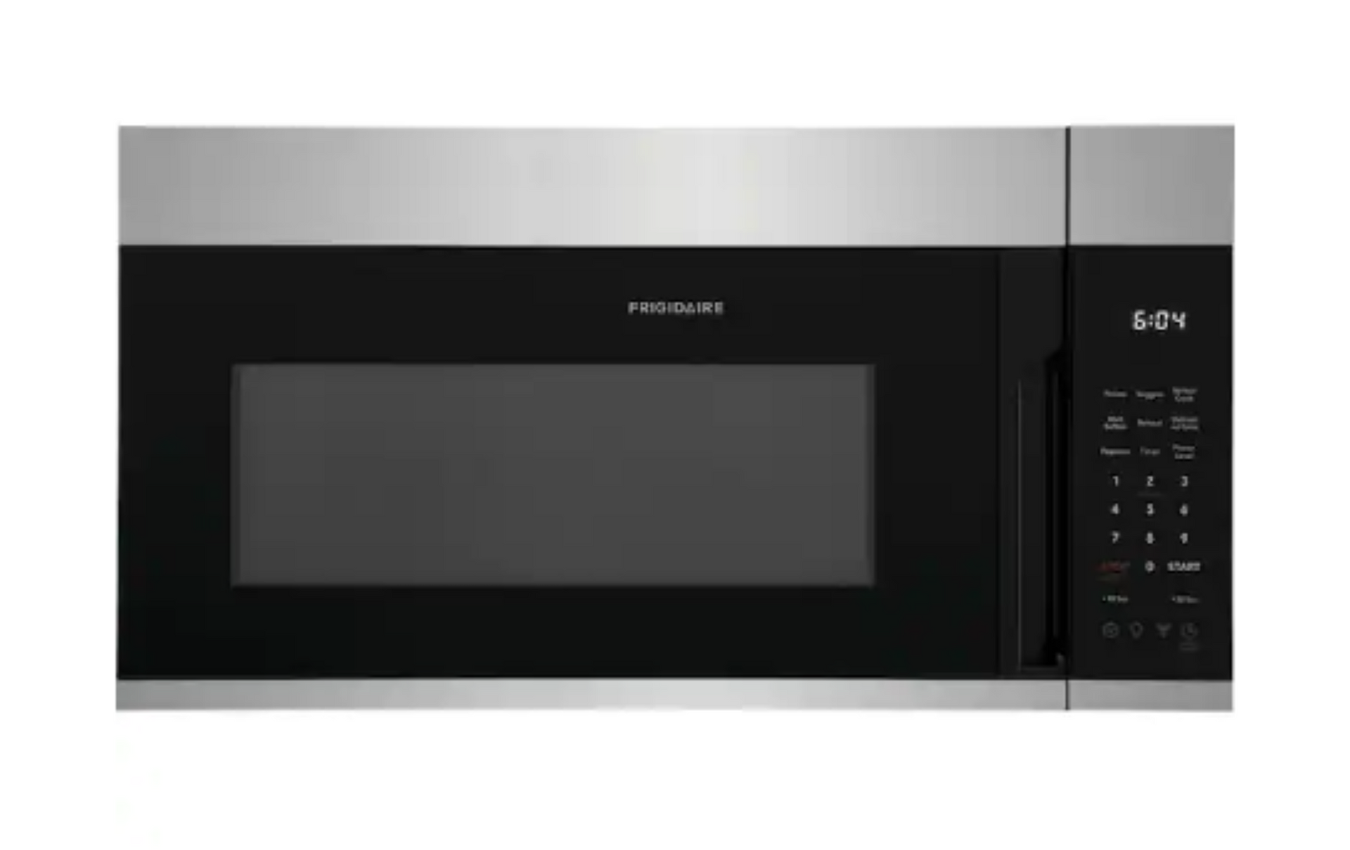 Black over-the-range microwave with digital control panel and stainless steel trim