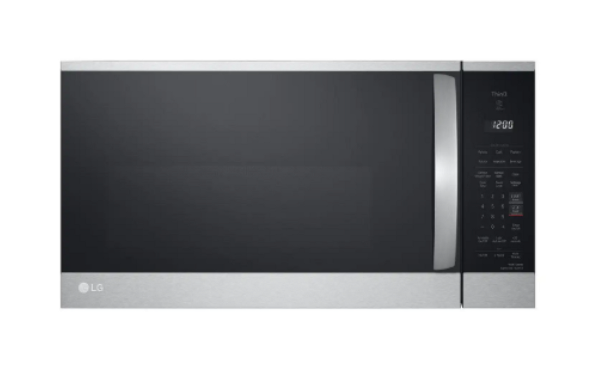 Black LG countertop microwave with silver trim and digital control panel on the right