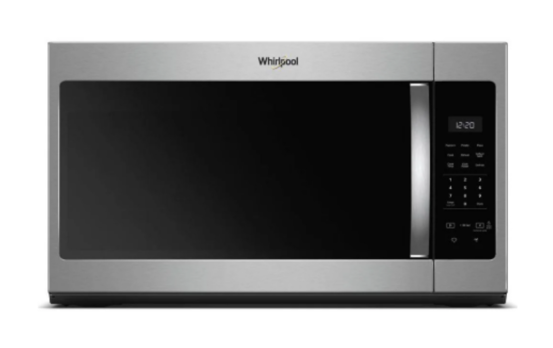 Stainless steel Whirlpool microwave with black door and keypad control panel on the right