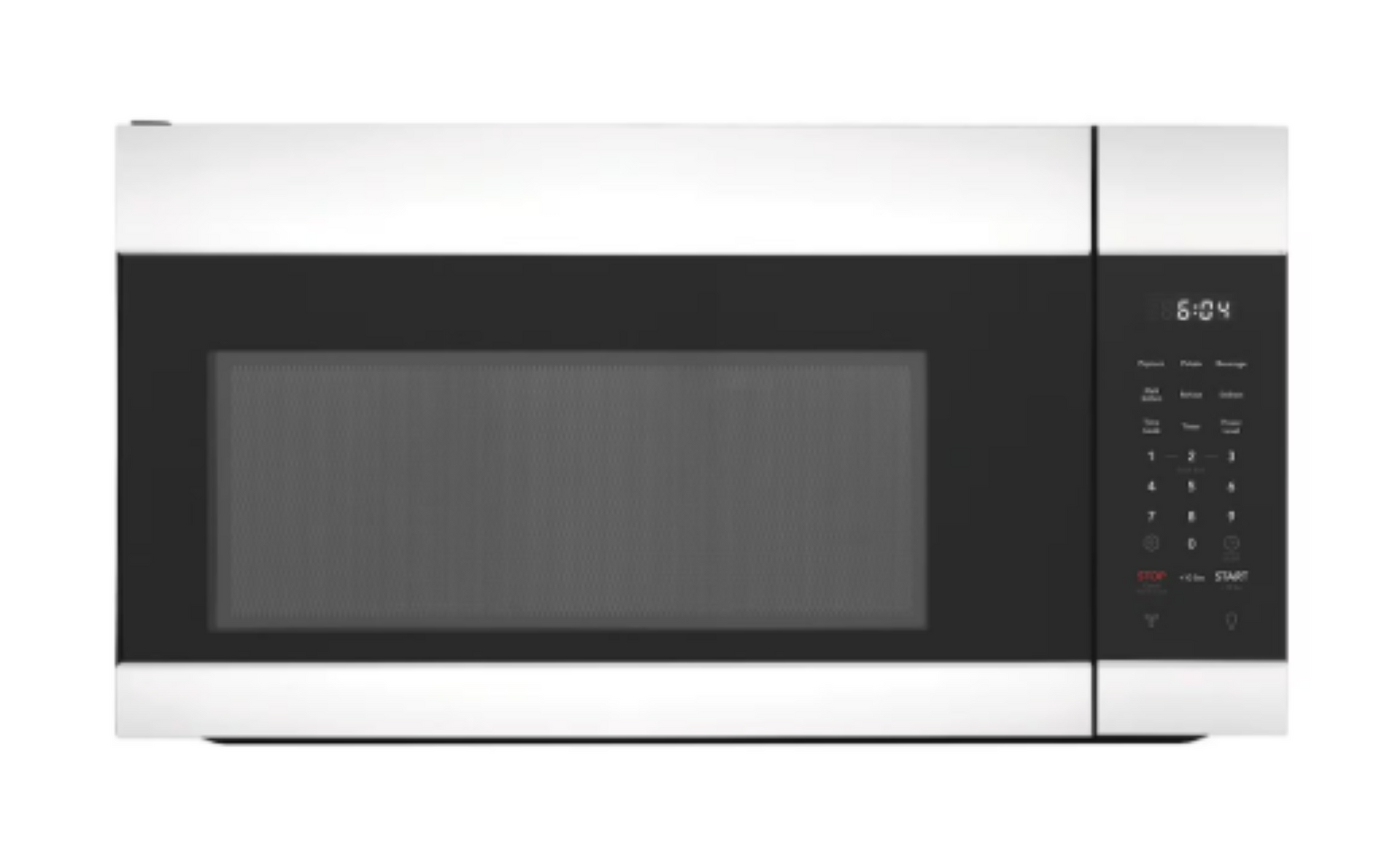 Stainless steel over-the-range microwave with black glass door and right-side control panel