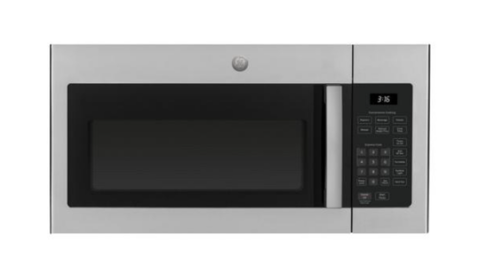 Stainless steel over-the-range microwave with black door and digital keypad panel