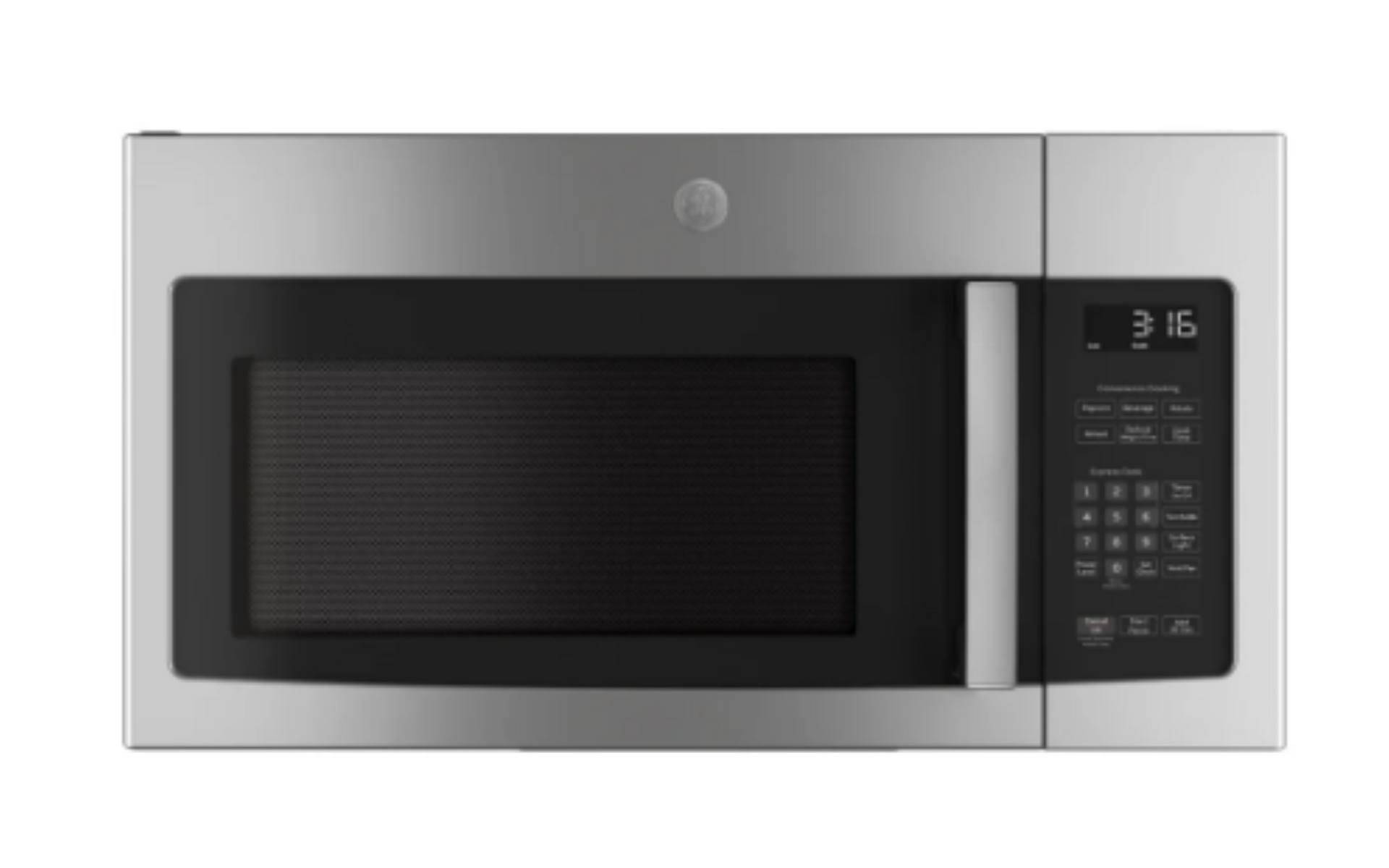 Stainless steel over-the-range microwave with black door and digital keypad display