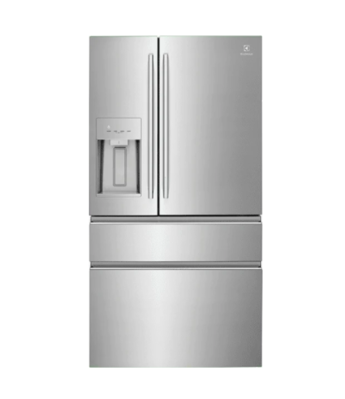 Stainless steel French-door refrigerator with built-in water dispenser and bottom freezer drawer