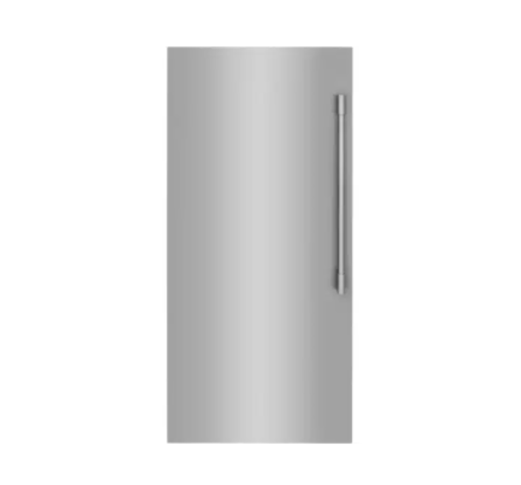 Silver refrigerator door with a vertical handle on the right side