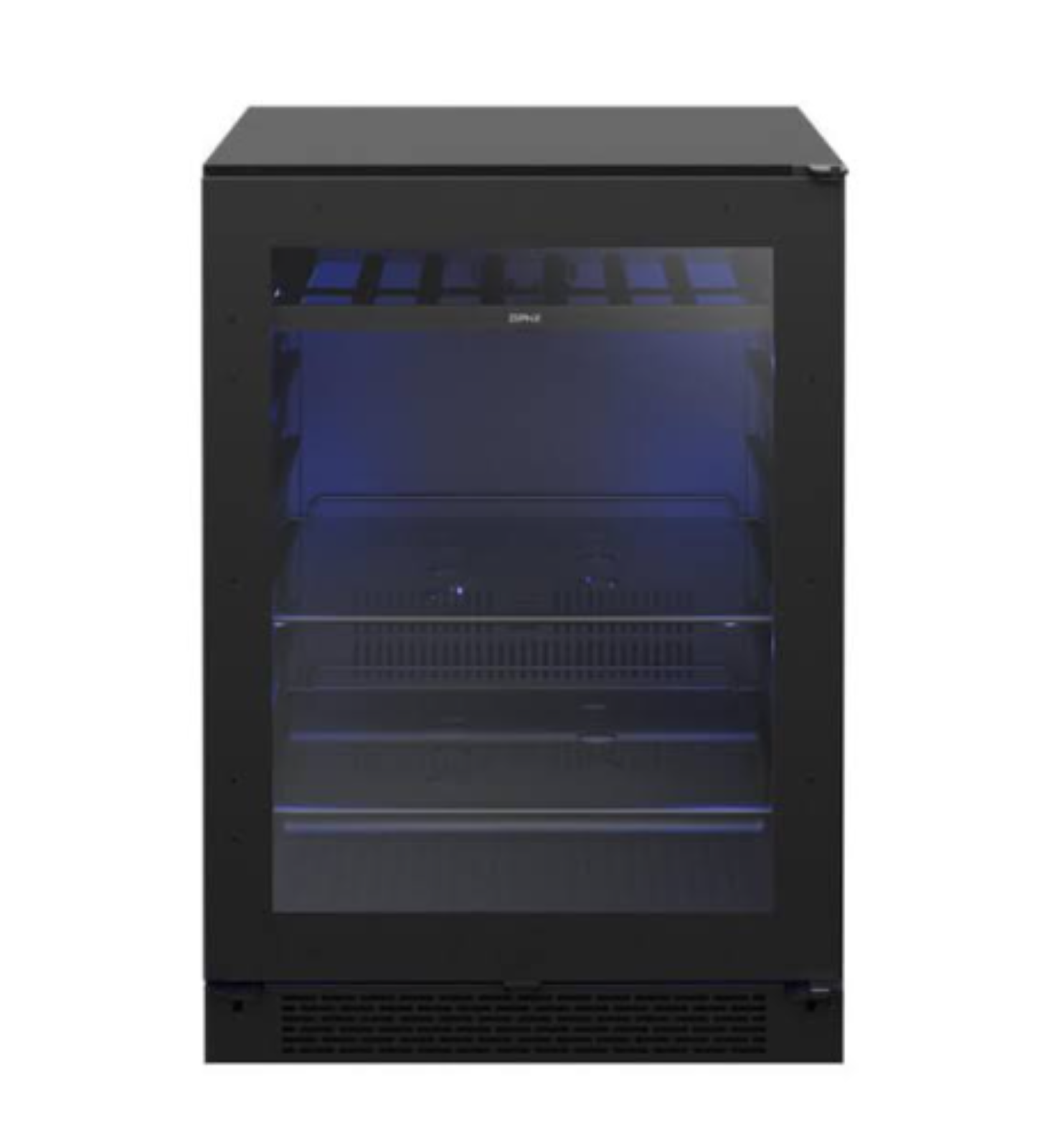 Black glass-door mini refrigerator with interior shelves and blue lighting, front view