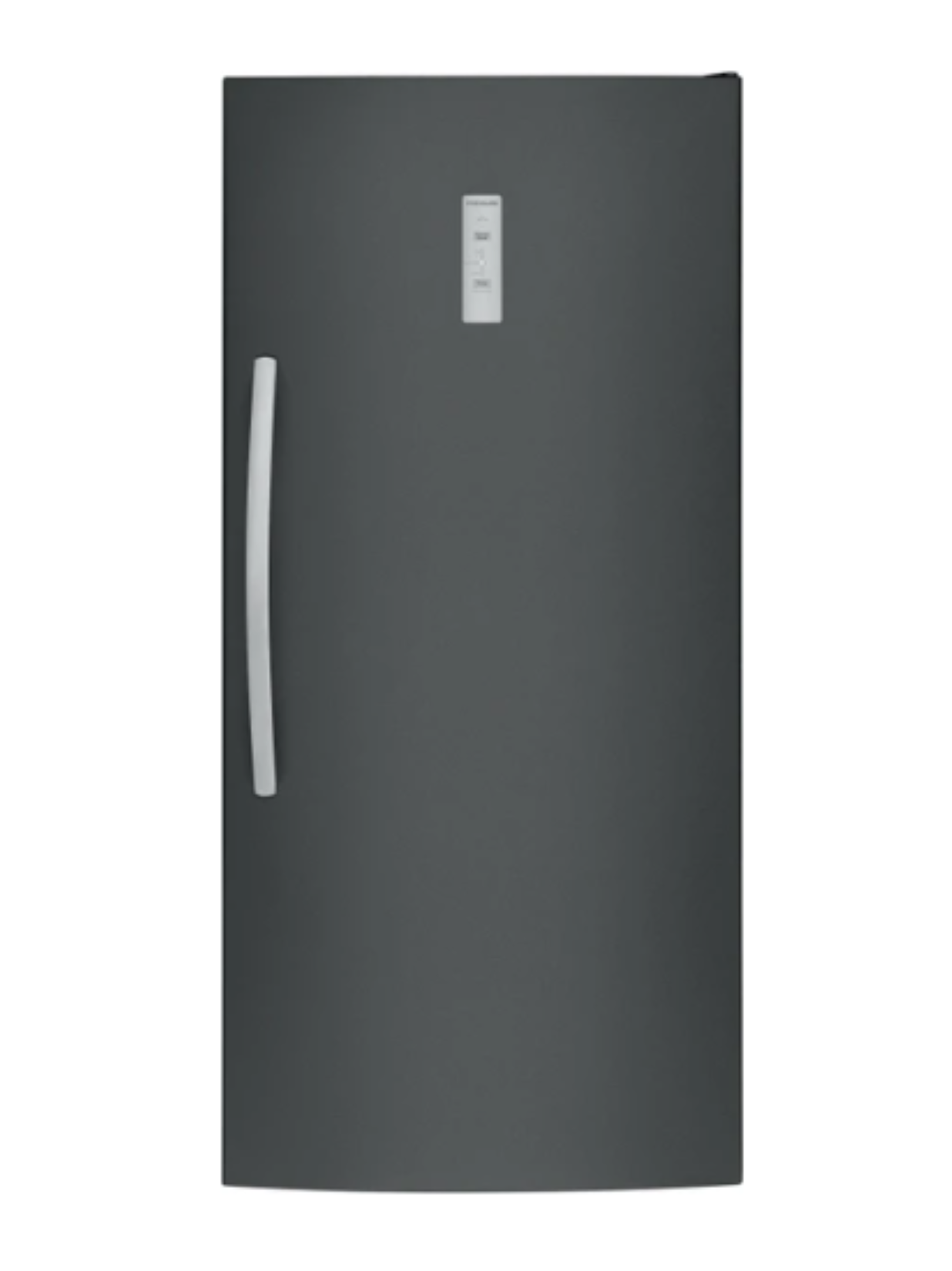 Dark gray refrigerator with a silver handle and small control panel on the front