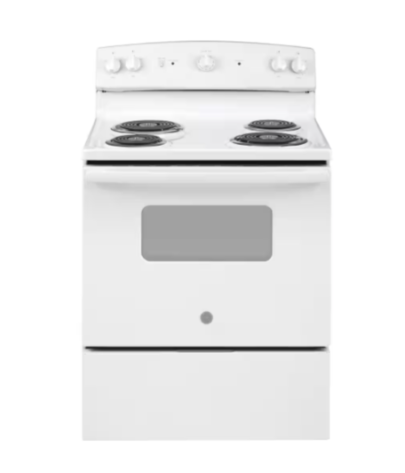 White electric stove with four coil burners and oven door.