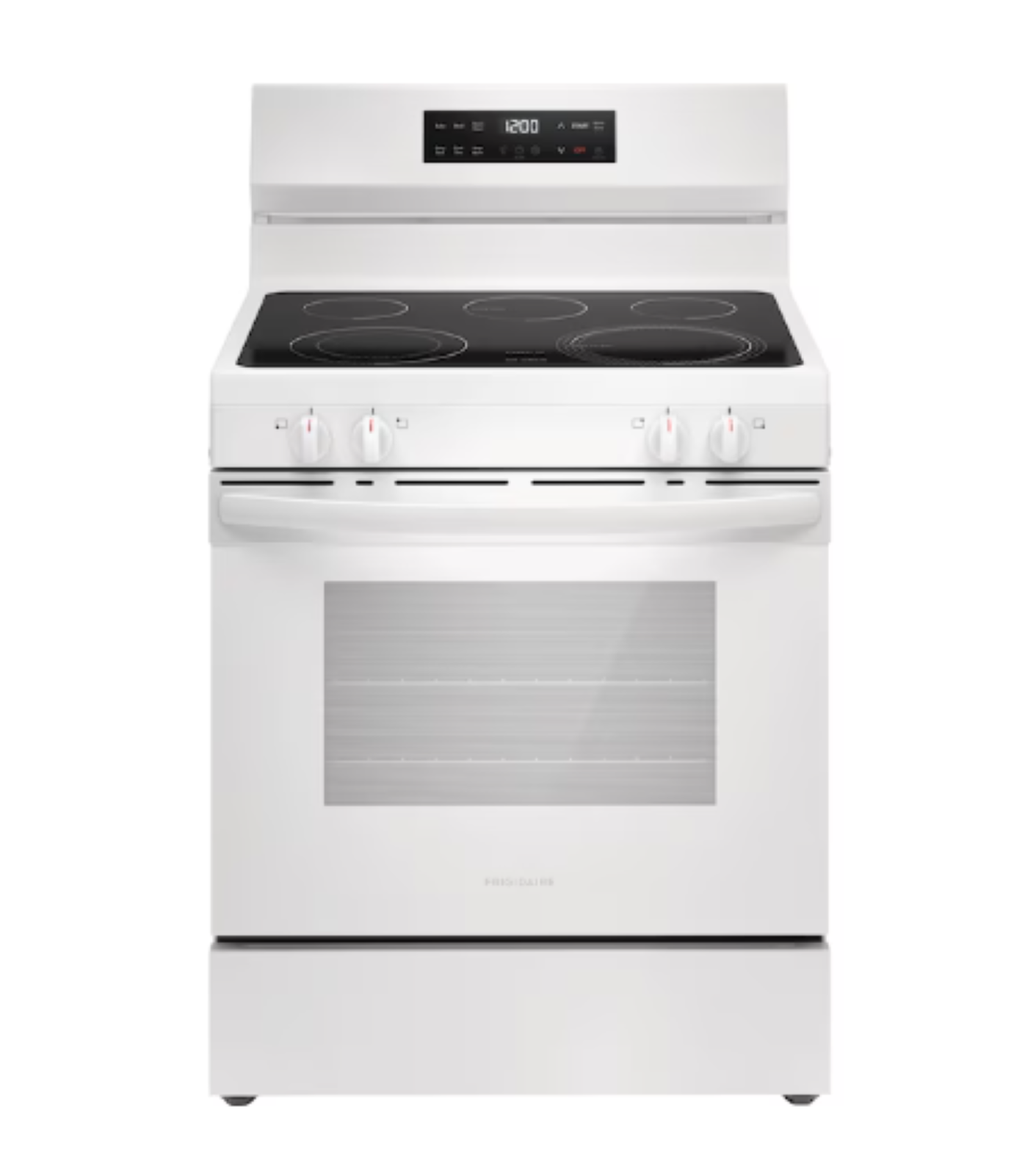 White electric range with black glass cooktop and digital control panel, front view