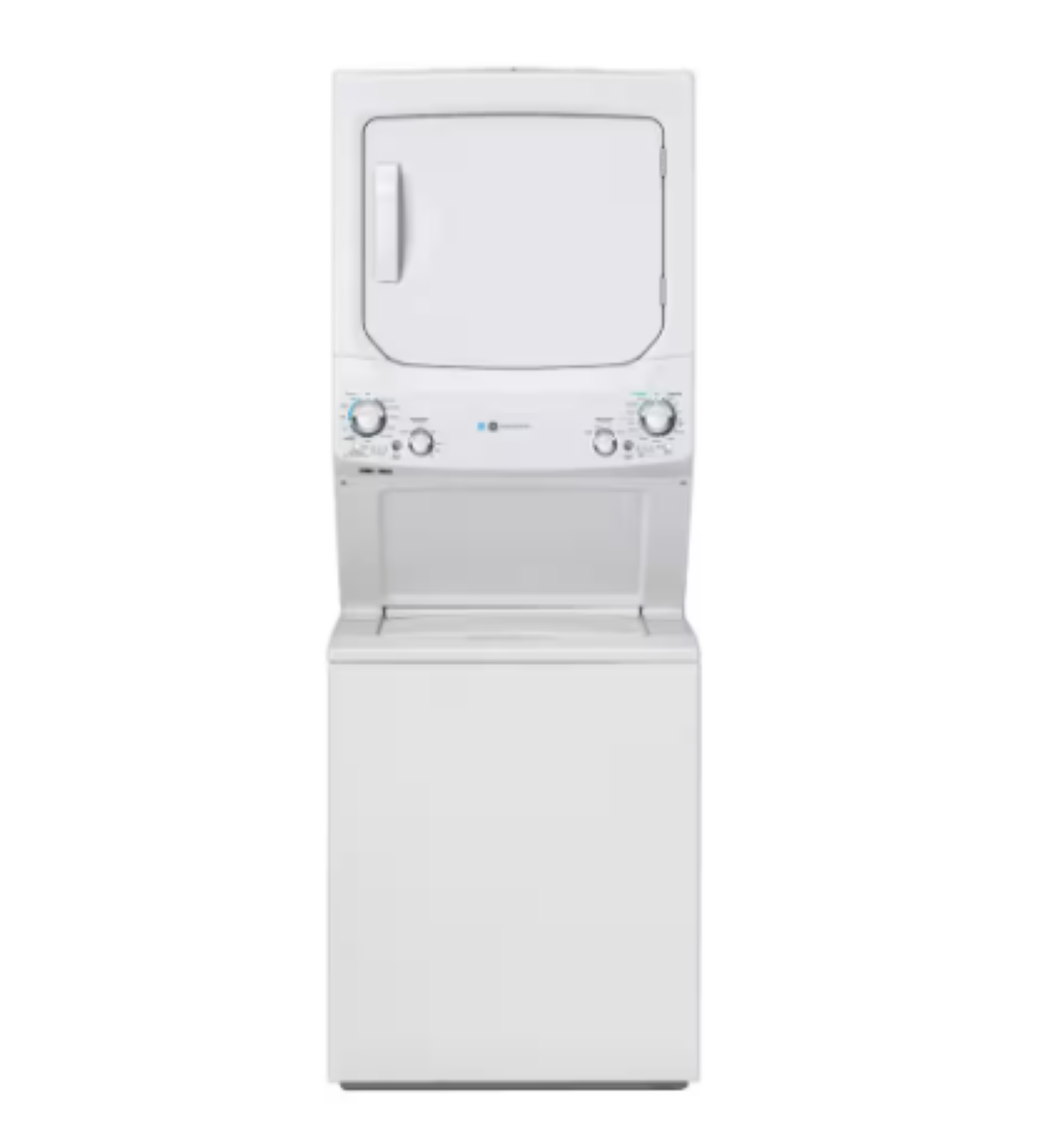 White stacked washer and dryer with control knobs and front dryer door