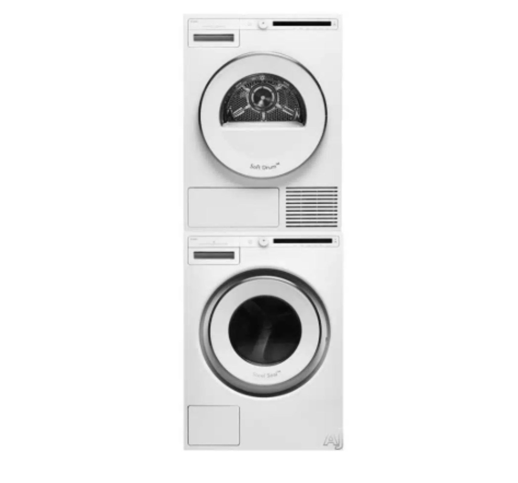 Stacked white washer and dryer with front-loading doors
