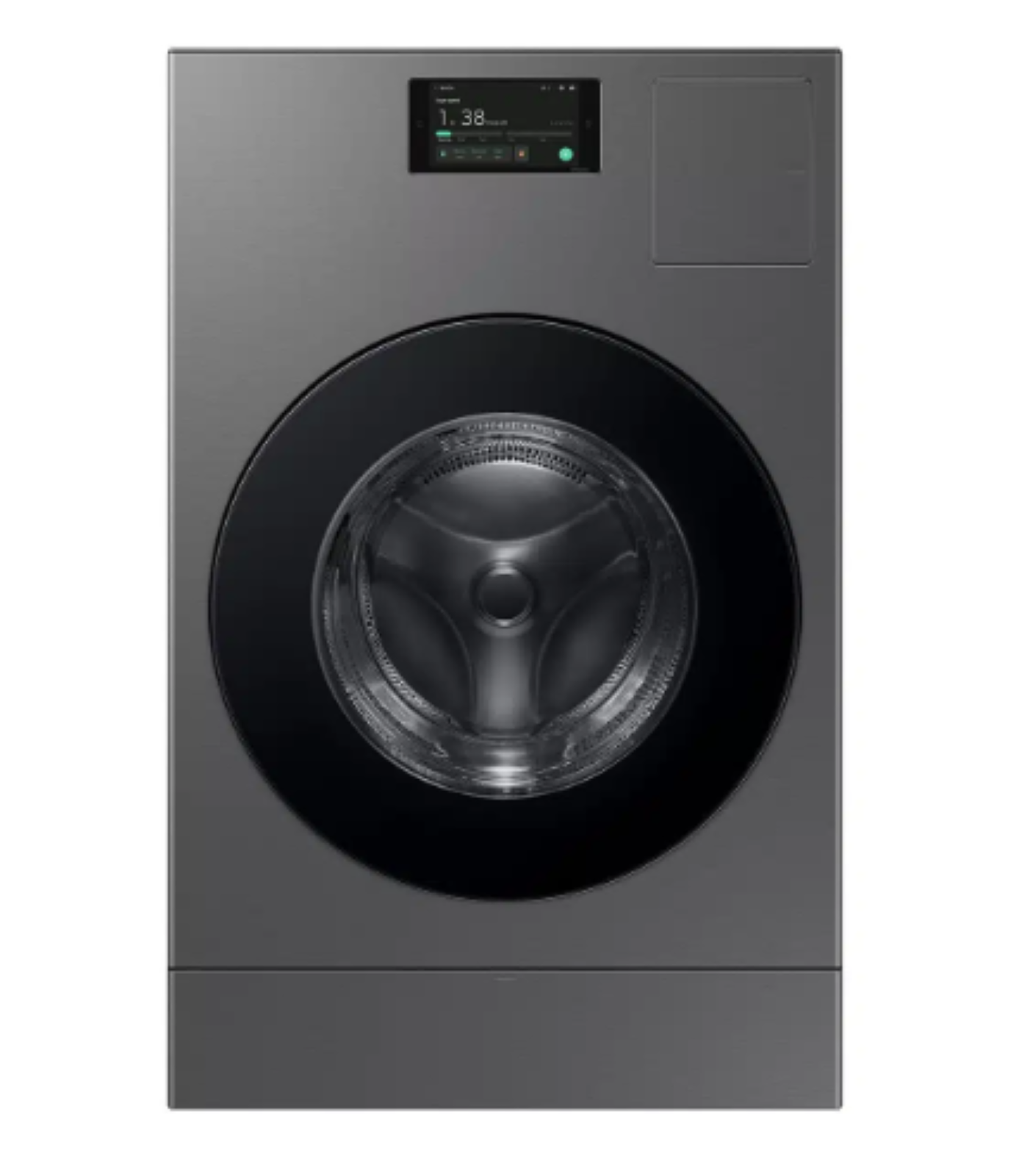 Gray front-loading washer with a black circular door and small control panel at the top