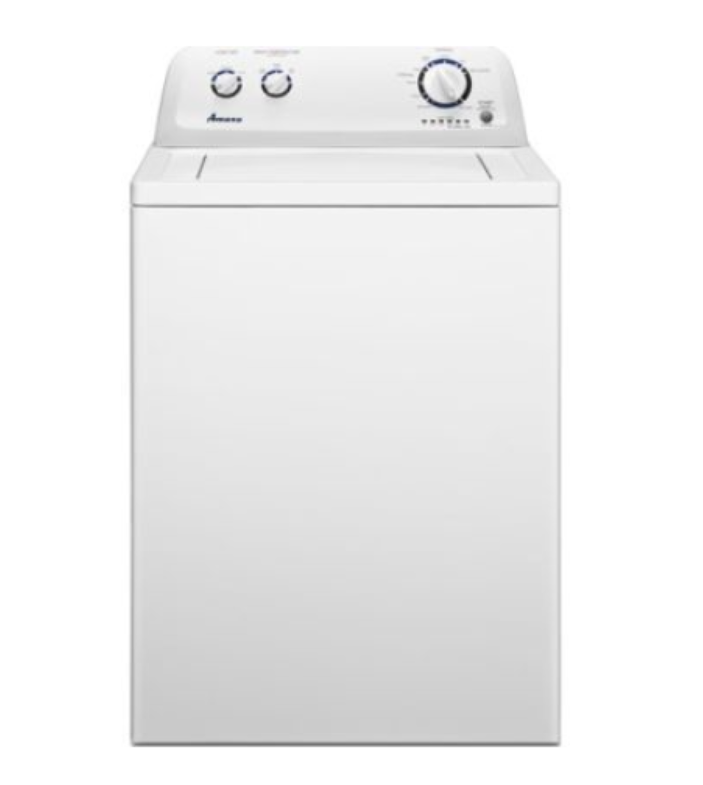 White top-load washing machine with two control dials and a lid on top