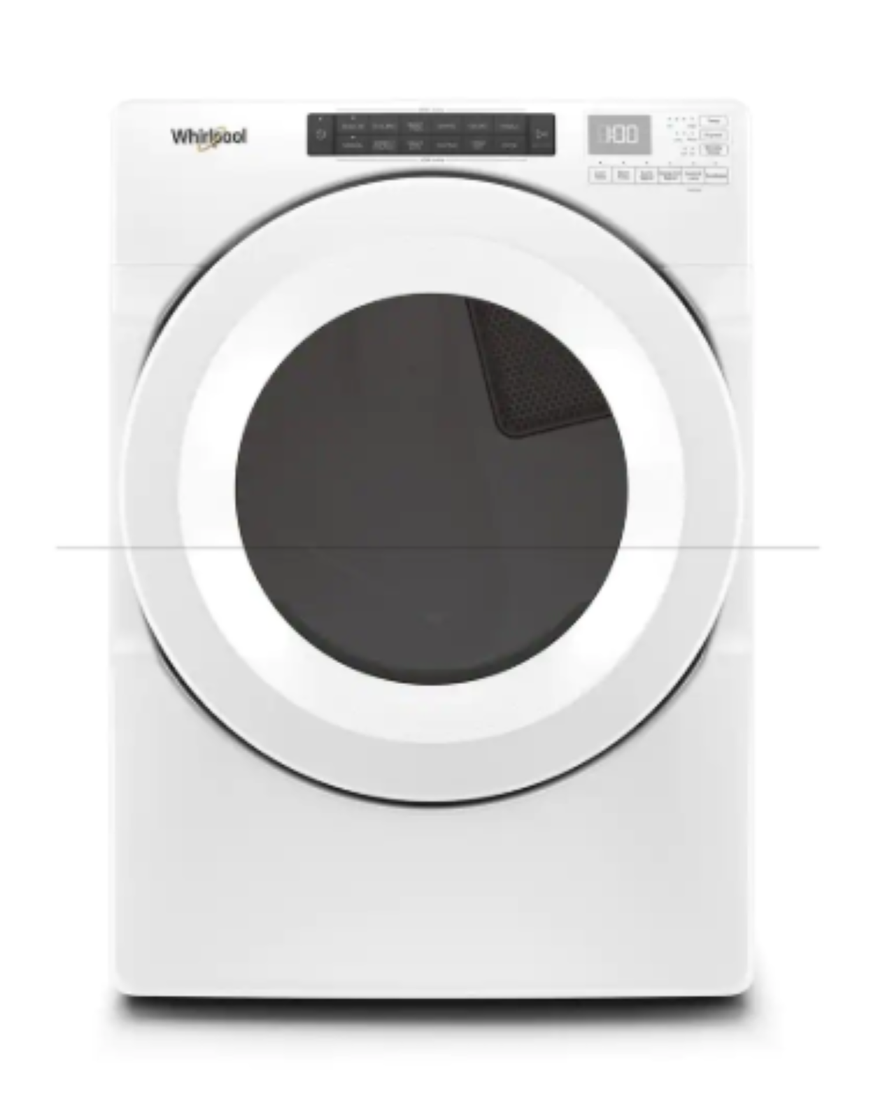 White front-load washing machine with a round dark door and control panel at the top