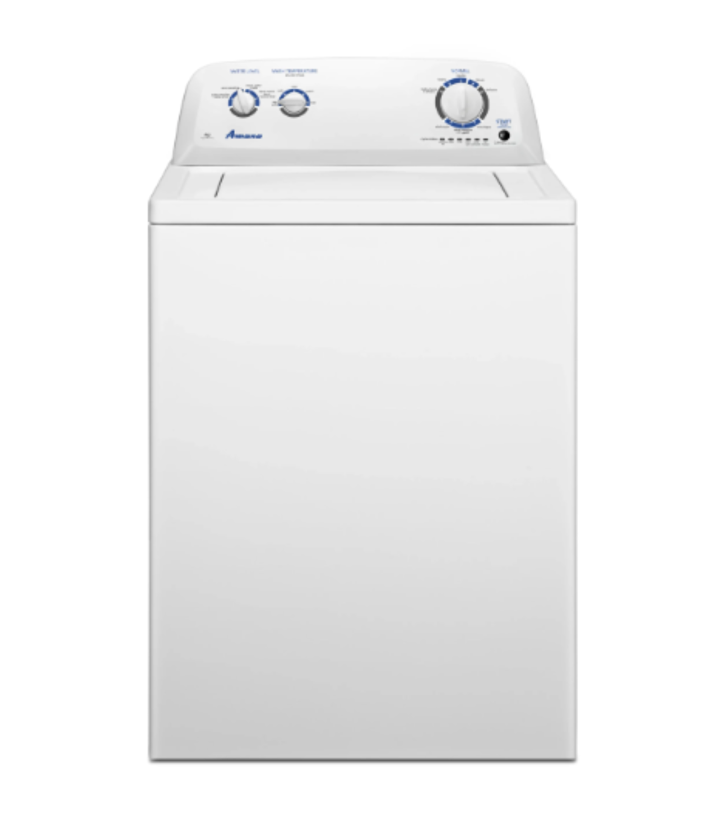White top-load washing machine with a gray control panel and two dials on top.