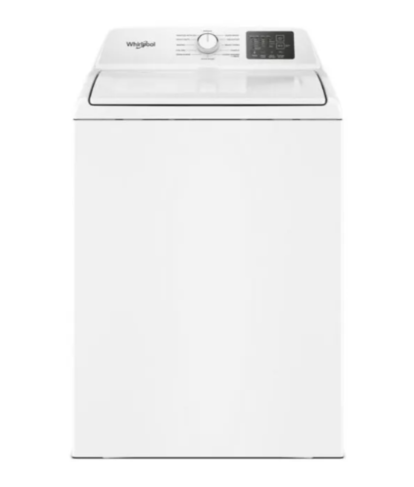 White top-load washing machine with a control panel and dial on top.