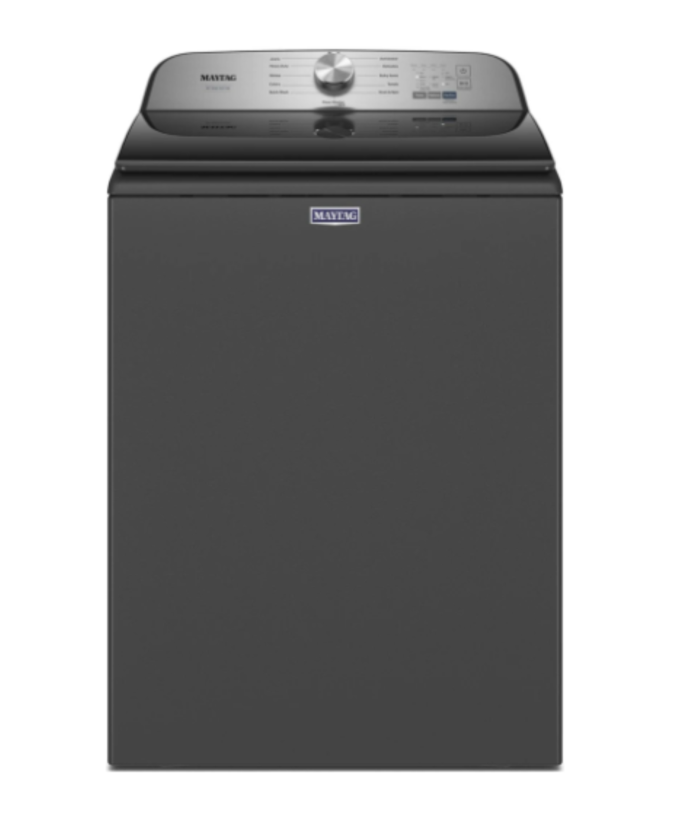 Dark gray top-load washing machine with a silver control panel and center dial
