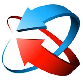 Abstract blue and red interlocking arrows forming a circular loop on a white background