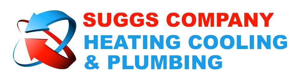 Suggs Company Heating, Cooling & Plumbing logo in red and blue with a circular water-and-flame icon