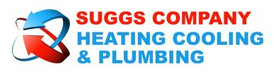 Suggs Company Heating, Cooling & Plumbing logo in red and blue with a circular water-and-flame icon