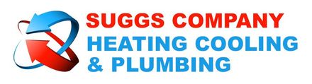 Suggs Company Heating, Cooling & Plumbing logo in red and blue with a circular water-and-flame icon
