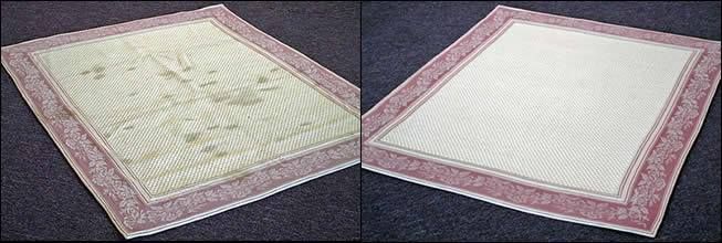 A rug before and after cleaning, showing stain removal.
