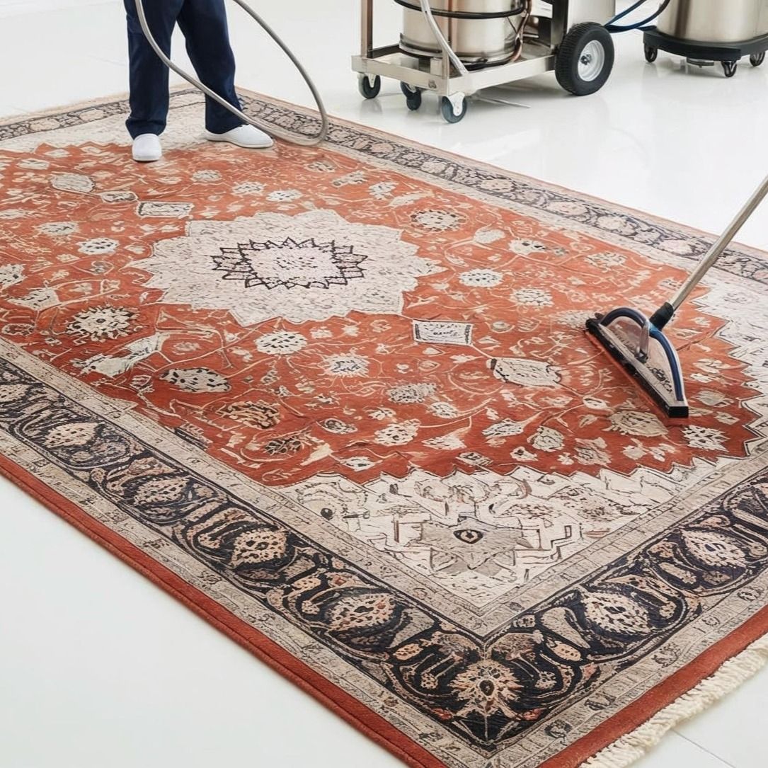 Person cleaning a large, patterned red rug with an industrial cleaning machine in a white room.