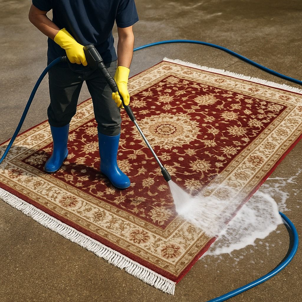 Person power washing a red and beige patterned rug outside.