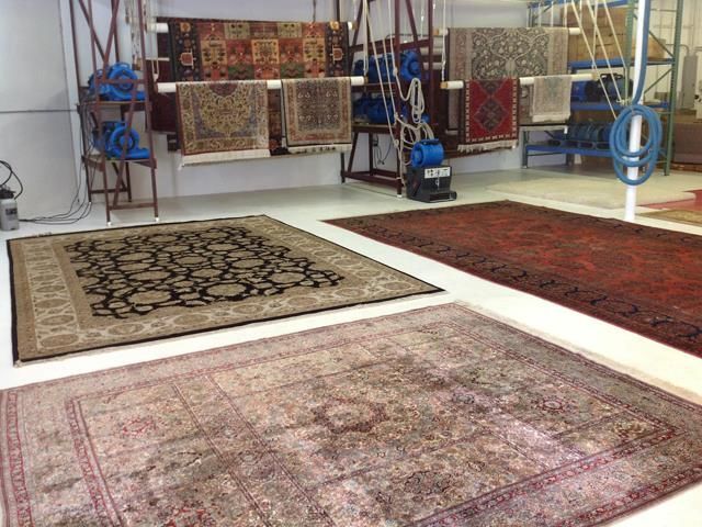 Rugs in various patterns and colors drying in a rug cleaning facility. Some hang, others lie on the floor.