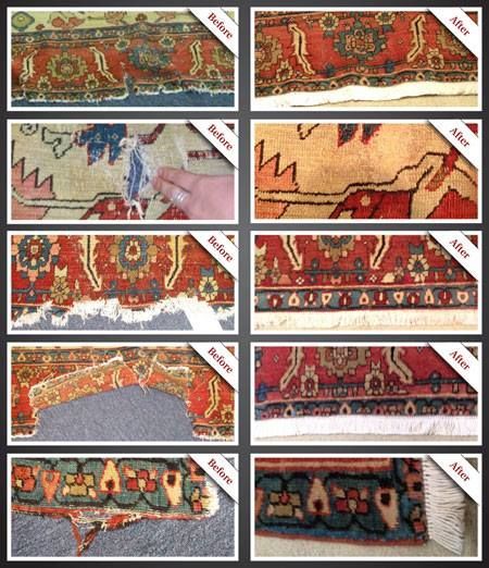 Before and after examples of rug repair showing damaged edges being restored.