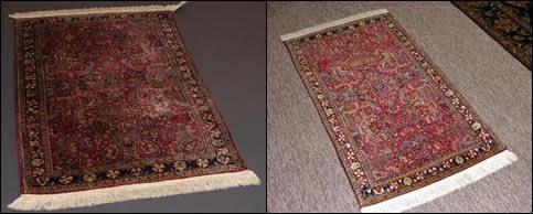 Two rectangular rugs with intricate patterns are side by side on different colored floors.