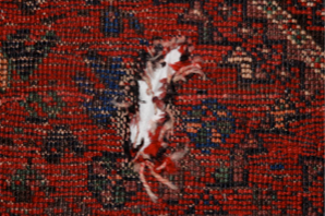 Close-up of a damaged red rug with a large tear exposing white and red threads.