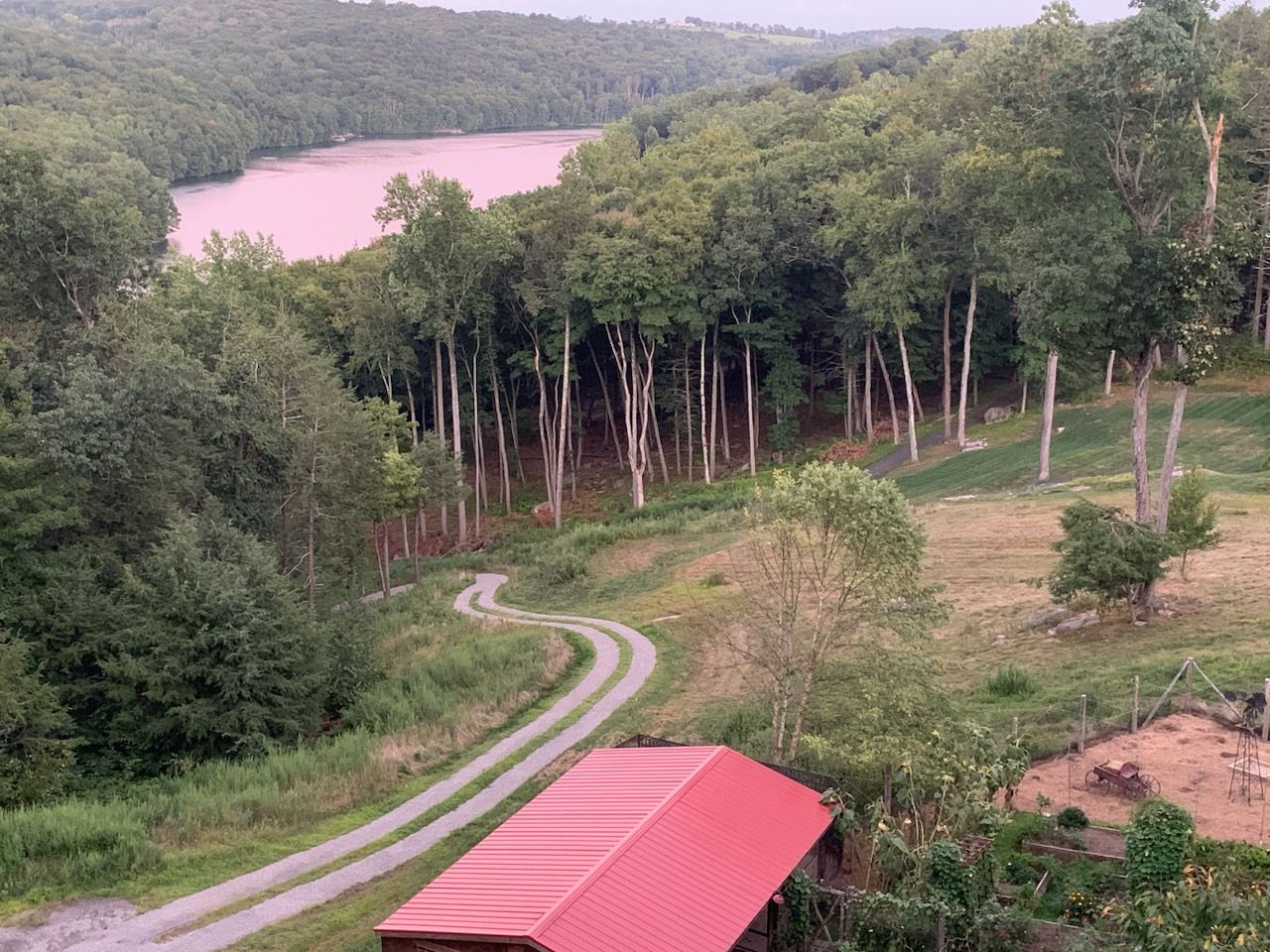 an aerial view of a dirt road leading to a lake surrounded by trees