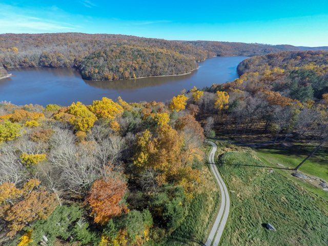an aerial view of a lake surrounded by trees and a road