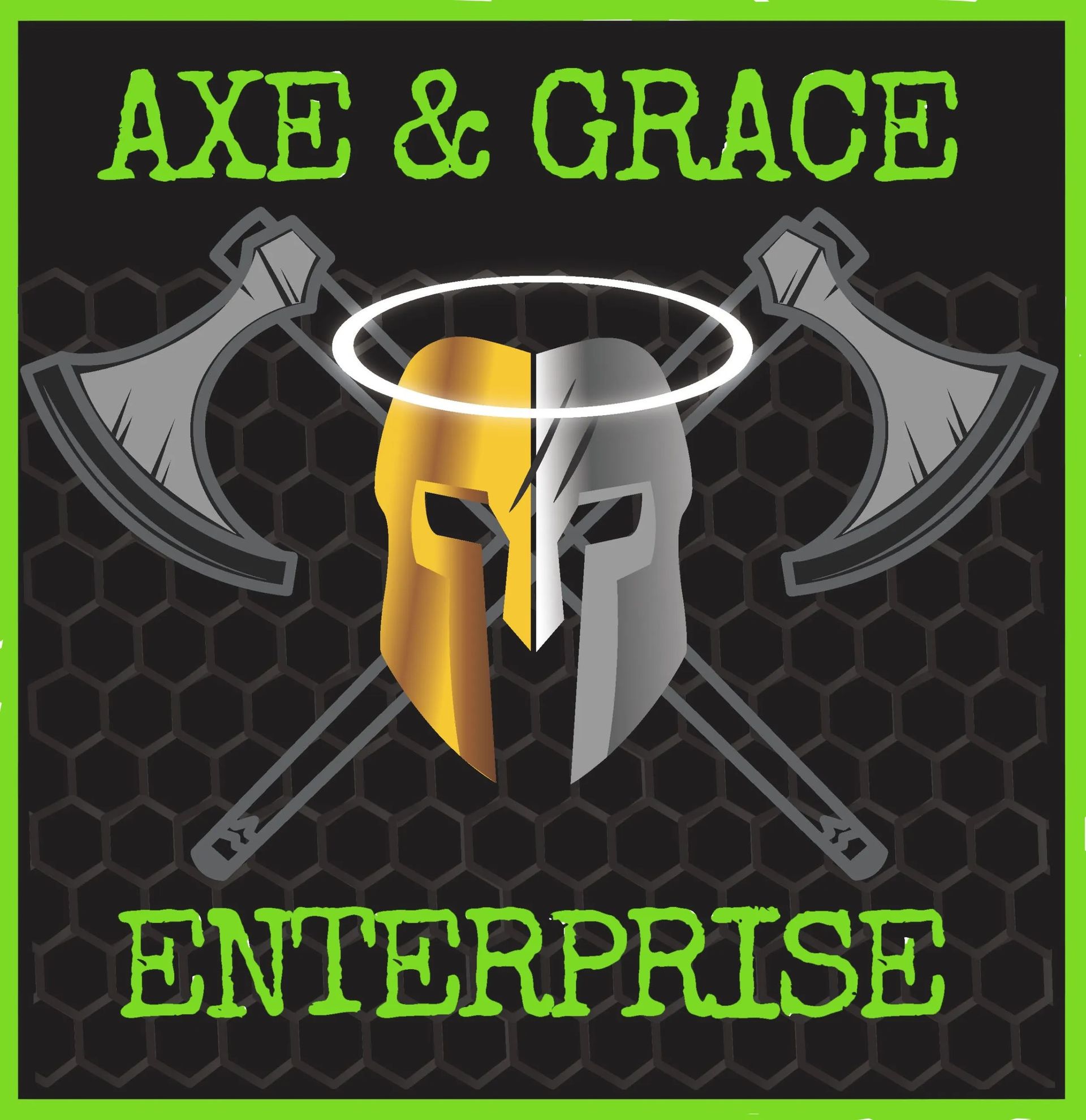 Logo for Axe & Grace Enterprise: Crossed axes with a split gold/silver Spartan helmet, halo above.