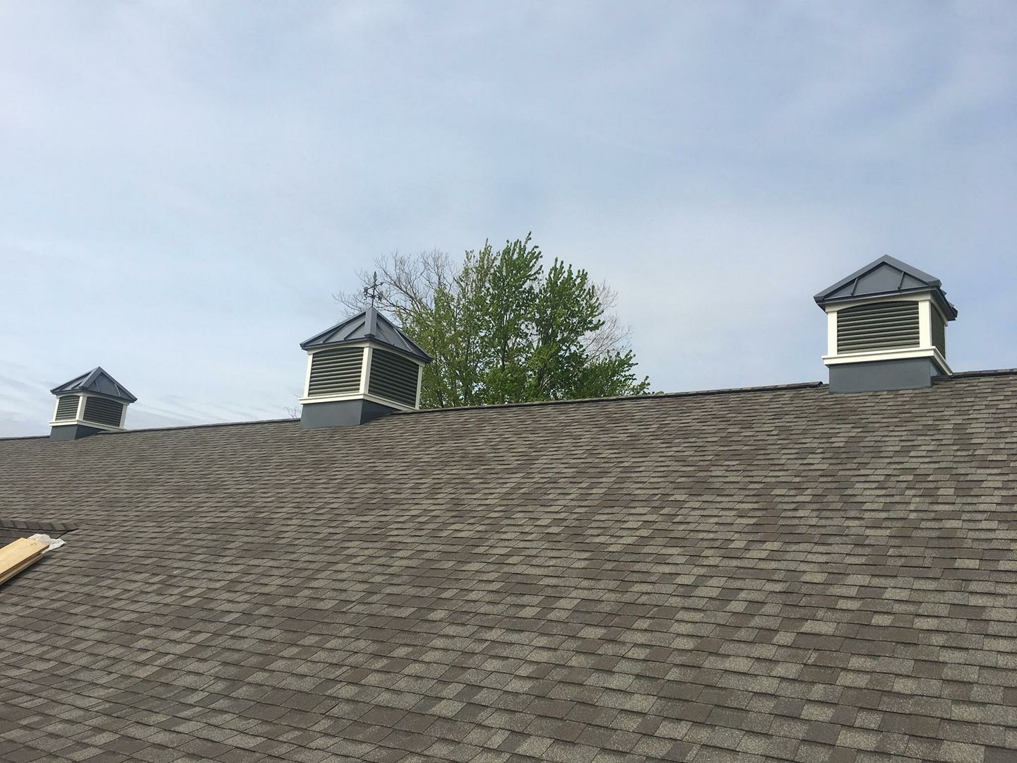 A roof with three chimneys on it and a tree in the background.