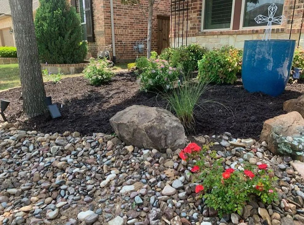 Rock garden with mulch, large stones, red flowers, and a blue barrel in front of a brick house