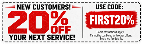 New customer discount banner: 20% off next service with code FIRST20, red and black text on white background.