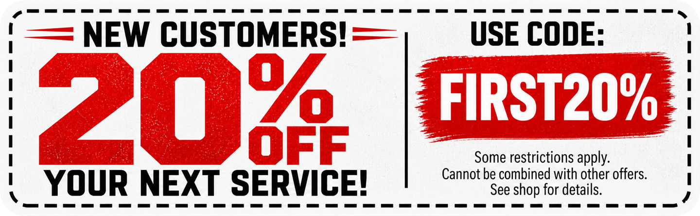 New customer discount banner: 20% off next service with code FIRST20, red and black text on white background.