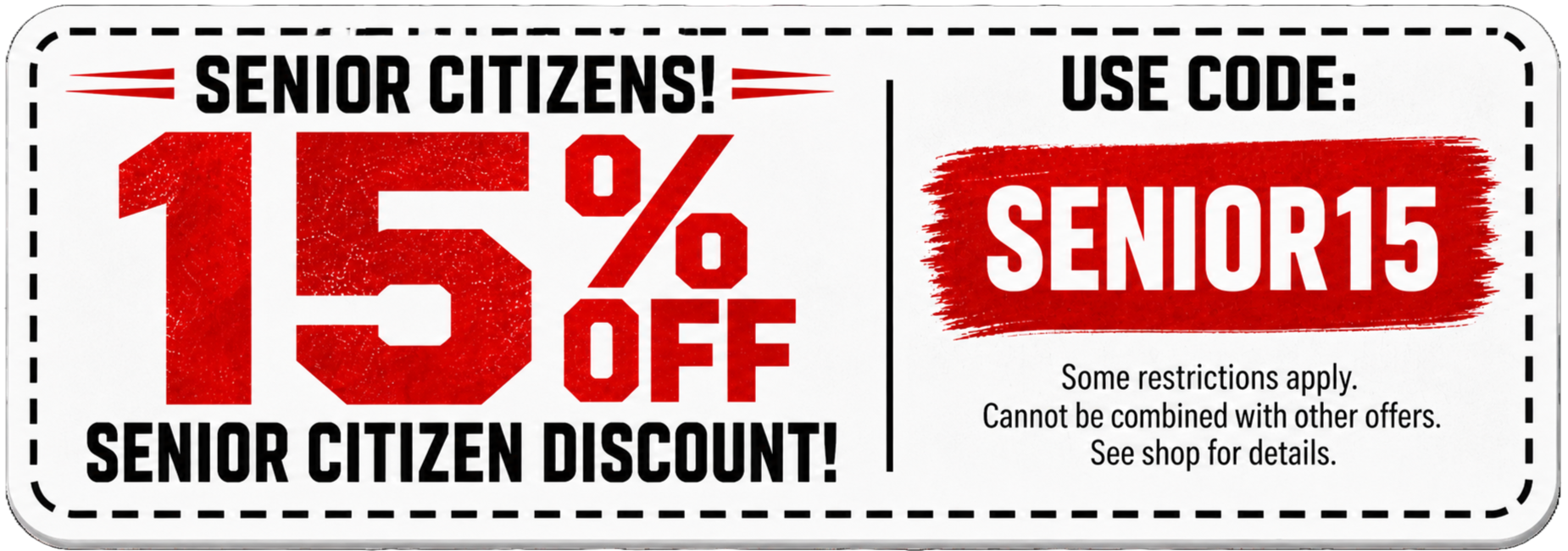 Senior citizens discount banner: 15% off with code SENIOR15 in red and black.