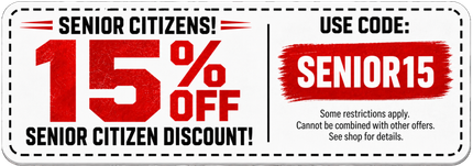 Senior citizens discount banner: 15% off with code SENIOR15 in red and black.